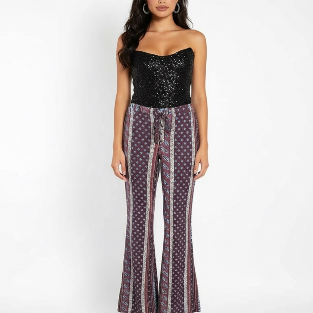 About A Girl Flare Leg Hippie 70s Lace Tie Festival Boho Stretch Women's M Pants